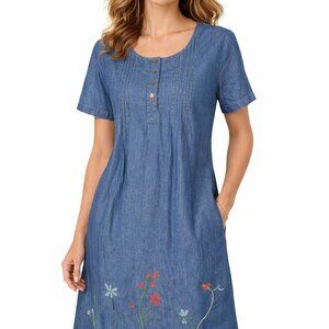 Country Store Midi Shift Dress Size Medium Embroidered Floral Cottage Chambray